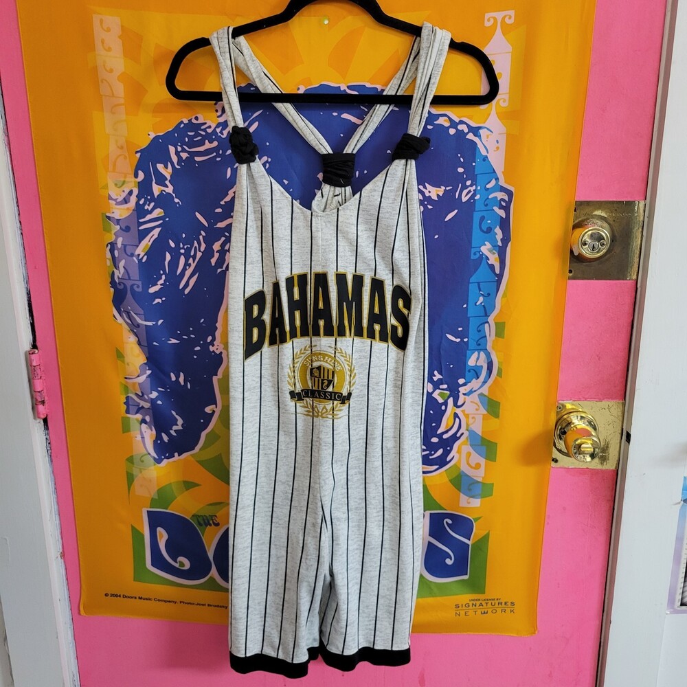 Vintage 80s 90s Bahamas Pinstriped Venice Beach One Piece Bodysuit Size Muscle